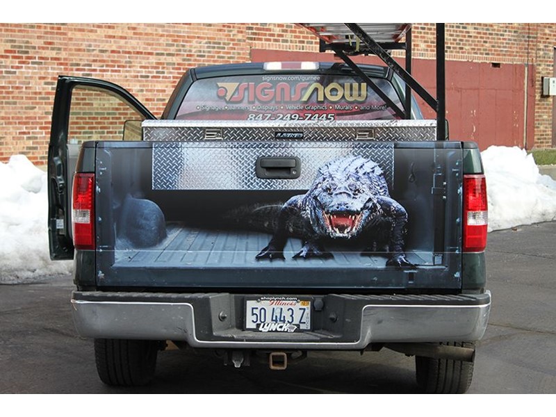 Gator, alligator, truck, tail gate, tailgate, pick-up, bed, funny