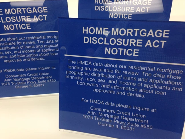 Acrylic self standing Home Mortgage Disclosure Act Notice signs