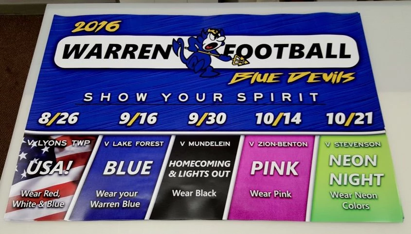 Posters for Warren high school football showing colors to wear for each home game to show school spirit