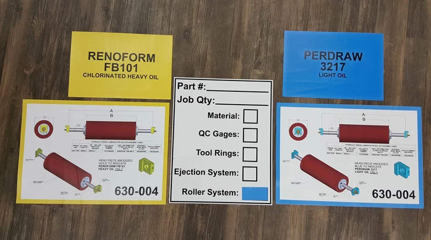 Magnetic signs with color coding and dry erase laminate to control manufacturing process and prevent errors