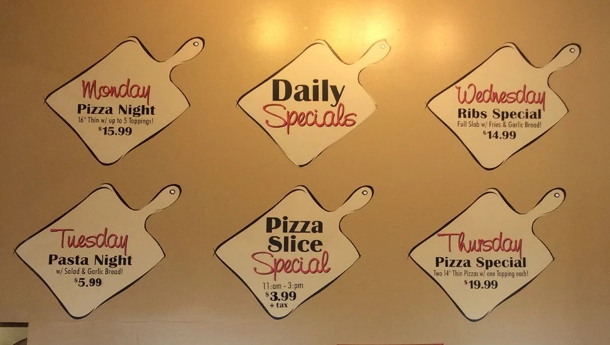 Daily special menus cut to shape of pizza board for restaurant chain 