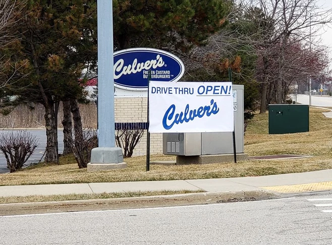 Banner to let customers know restaurant is still open during Coronavirus / COVID-19 Illinois shelter in place order